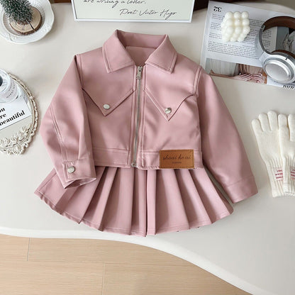 Children's leather jacket pleated skirt two-piece suit
