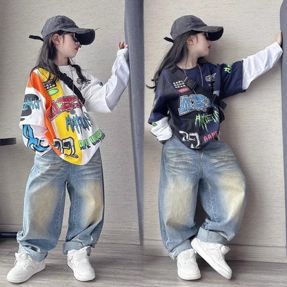 Girls' ripped jeans spring and autumn children's casual Set