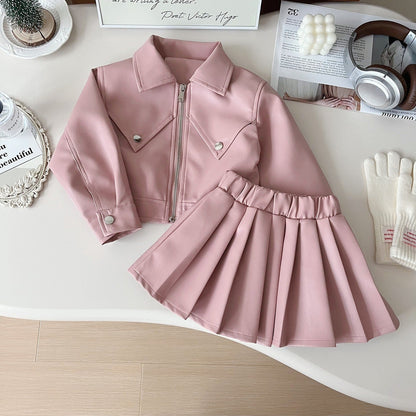 Children's leather jacket pleated skirt two-piece suit