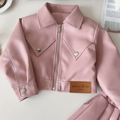 Children's leather jacket pleated skirt two-piece suit