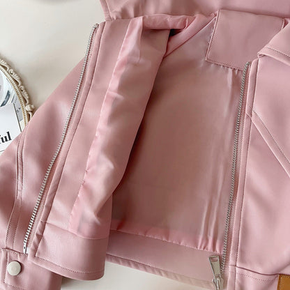 Children's leather jacket pleated skirt two-piece suit