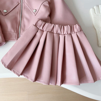 Children's leather jacket pleated skirt two-piece suit