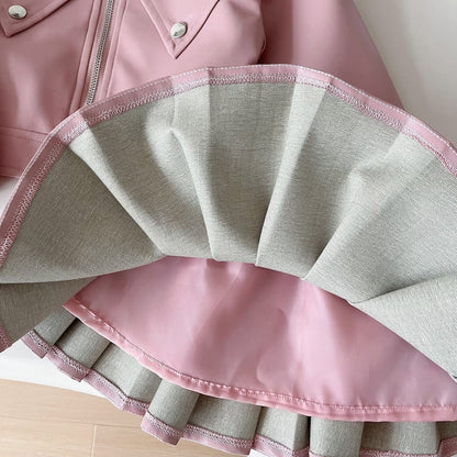 Children's leather jacket pleated skirt two-piece suit