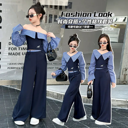Children's splicing long-sleeved shirt college style wide-leg pants two-piece suit